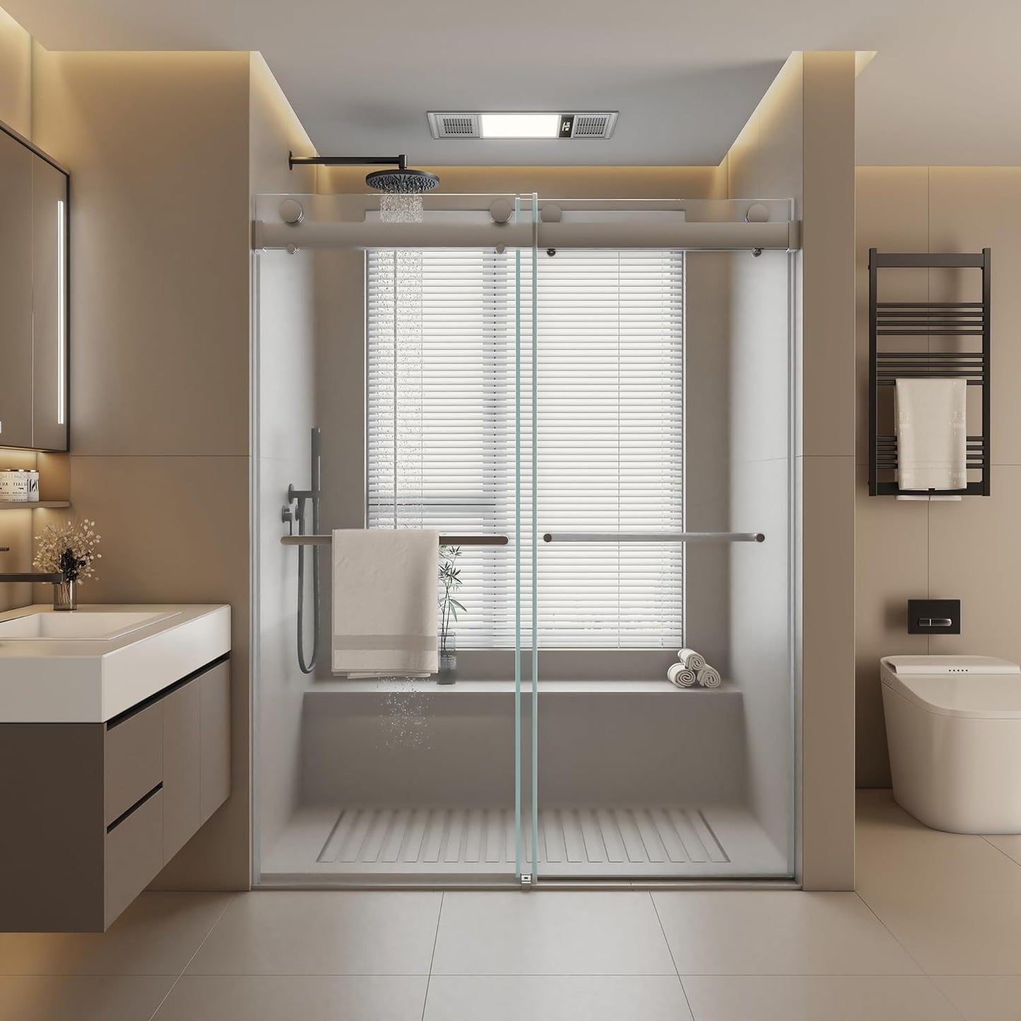 Adoric Frameless Double Sliding Shower Door, 45"-48" W x 72" H , 3/8 "(10mm) Clear Tempered Safety Glass Silent Top Rollers and 304 Stainless Steel Handles