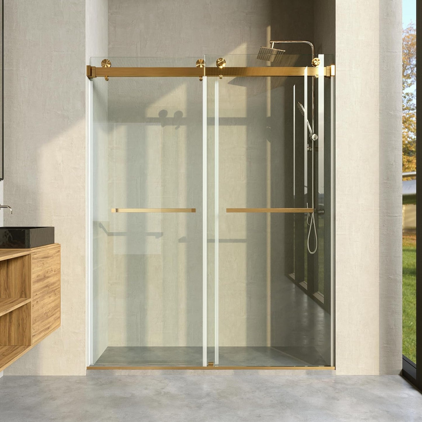 Adoric Frameless Double Sliding Shower Door, 45"-48" W x 72" H , 3/8 "(10mm) Clear Tempered Safety Glass Silent Top Rollers and 304 Stainless Steel Handles