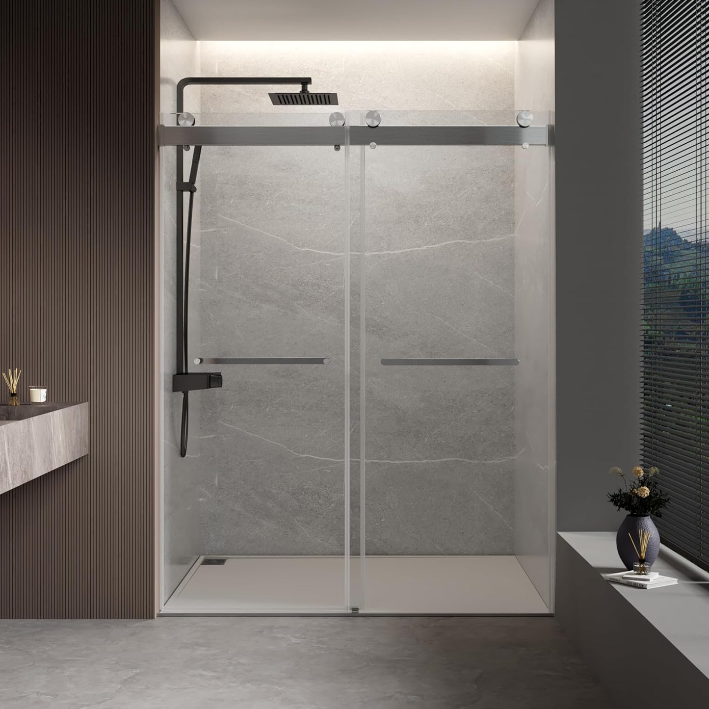 Adoric Frameless Double Sliding Shower Door, 45"-48" W x 72" H , 3/8 "(10mm) Clear Tempered Safety Glass Silent Top Rollers and 304 Stainless Steel Handles