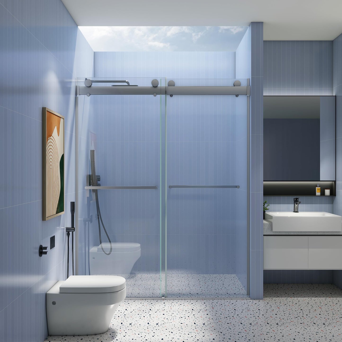 Adoric Frameless Double Sliding Shower Door, 45"-48" W x 76" H , 3/8 "(10mm) Clear Tempered Safety Glass Silent Top Rollers and 304 Stainless Steel Handles